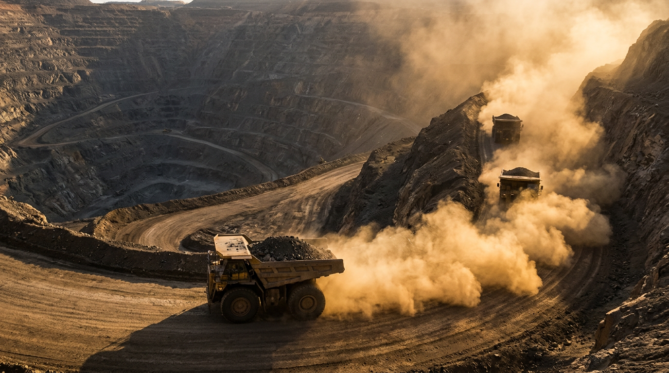 The image depicts a convoy of three haul trucks climbing a spiralling ramp out of a deep open pit mine, each truck heavily loaded and emitting plumes of dust that coalesce into a hazy atmosphere. Late afternoon light highlights the dust clouds, while the vast terraced pit walls frame the scene, emphasizing the scale of the operation.