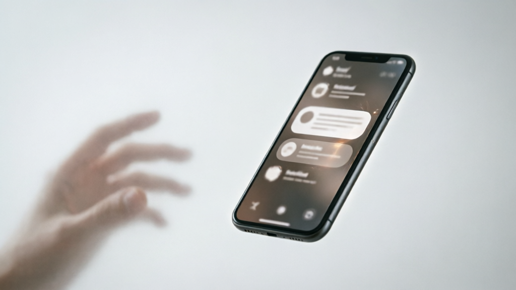 The image depicts a smartphone floating in mid-air with a hand reaching towards it. The screen displays a messaging interface, suggesting interaction with digital communication.