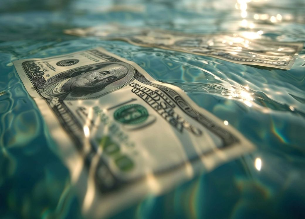 The image depicts several one-hundred-dollar bills submerged in clear blue water, showcasing the unique interplay of light and reflections on the surface. The cash appears to float gently, creating an intriguing visual contrast between currency and water.