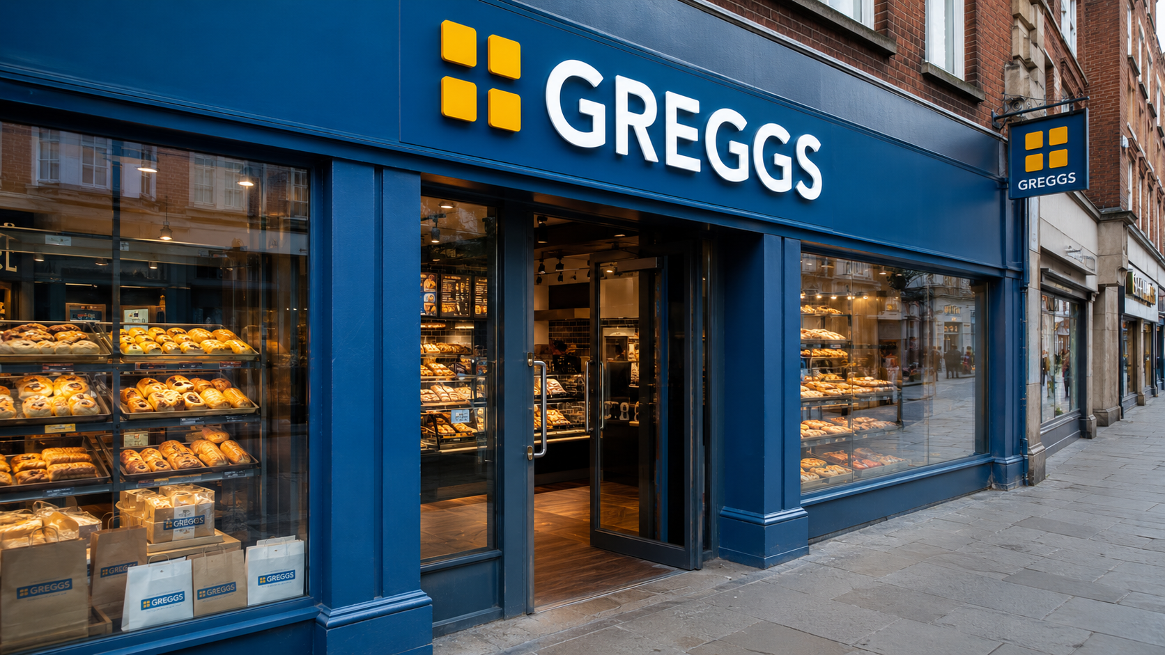 The image shows the exterior of a Greggs bakery, featuring a prominent storefront with glass displays filled with baked goods. The blue facade and branding are clearly visible, highlighting the inviting atmosphere of the retail bakery.