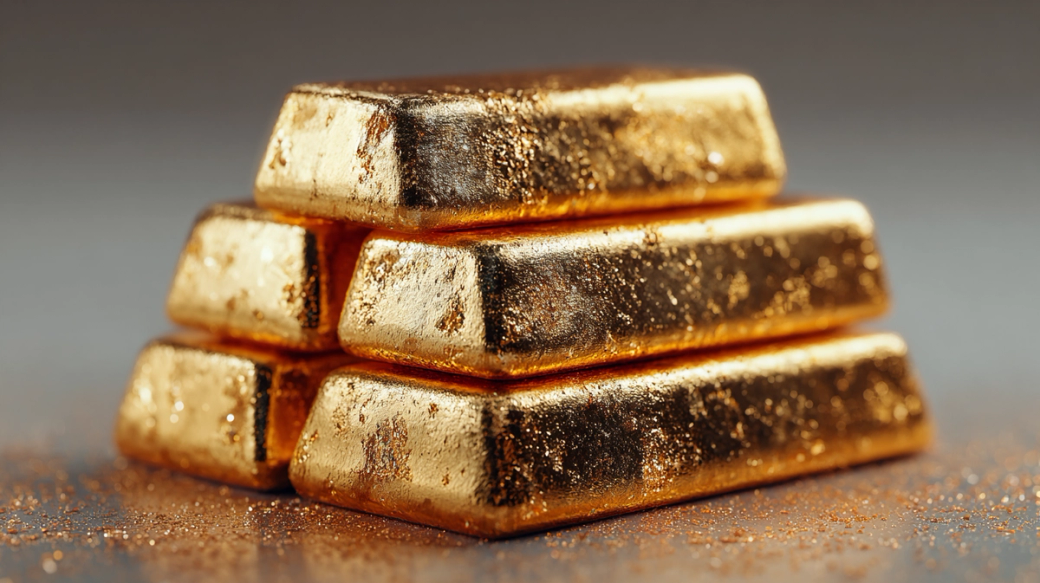 The image features a stack of gold bars, showcasing their shiny, reflective surfaces and intricate textures. The background is blurred, emphasizing the gold and creating a luxurious feel.