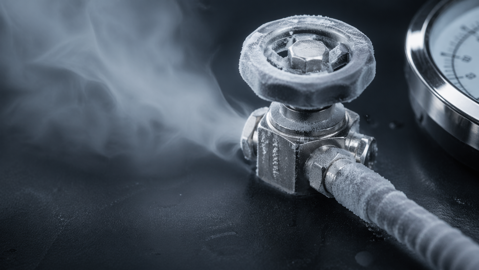 The image features a close-up view of a valve with frost forming around it, suggesting it is part of a gas or liquid system. A pressure gauge is visible in the background, indicating the measurement of pressure in the system.