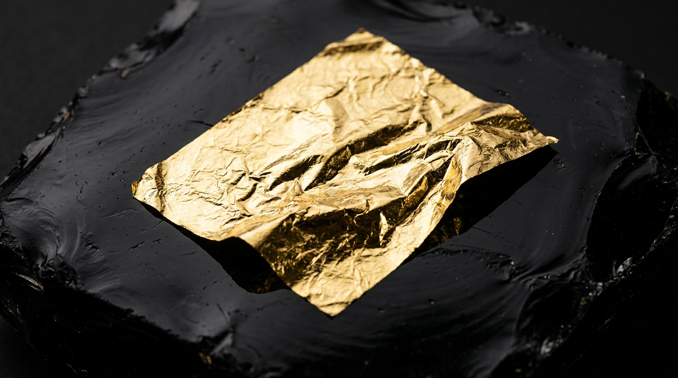 The image features a crumpled gold leaf placed on a black surface, highlighting the contrast between the shiny metallic texture and the matte background. The composition focuses on the interplay of light and shadow, emphasizing the delicacy of the gold against the dark backdrop.