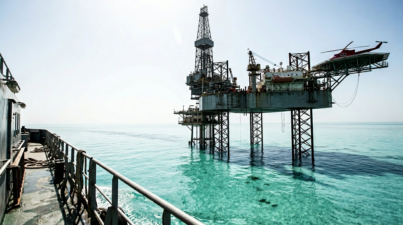 A three-legged jack-up rig towers above the turquoise waters of the Arabian Gulf, captured from a supply boat at an upward angle. The rig's legs penetrate the transparent water, revealing faint shadows on the sandy seabed, while the midday sun creates stark contrasts between light and shadow on the structure and surrounding surface.