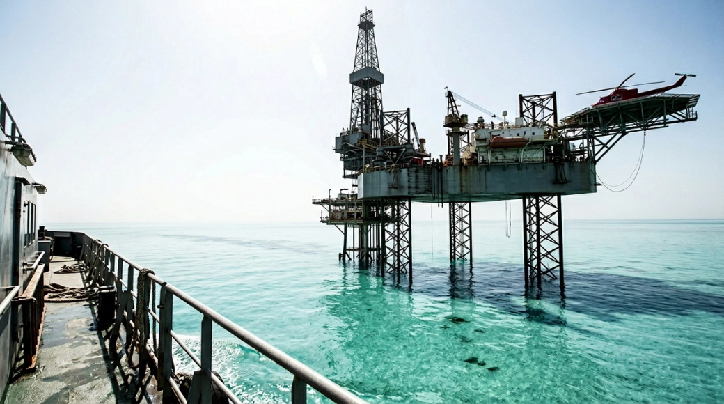 A three-legged jack-up rig towers above the turquoise waters of the Arabian Gulf, captured from a supply boat at an upward angle. The rig's legs penetrate the transparent water, revealing faint shadows on the sandy seabed, while the midday sun creates stark contrasts between light and shadow on the structure and surrounding surface.
