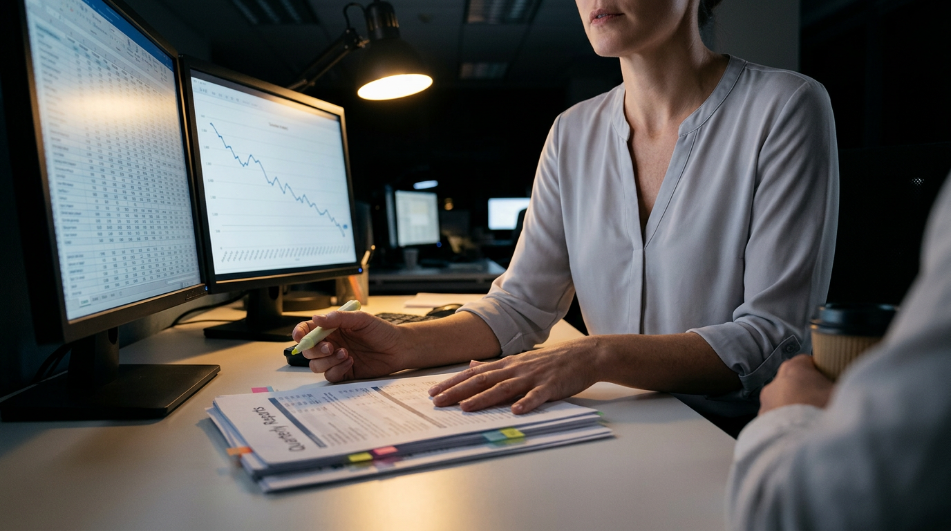 The image depicts a corporate finance office after hours, focusing on a woman whose identity is obscured. She is engaged in reviewing and annotating printed quarterly reports, with her hands actively gesturing while a highlighter pen is poised for use. Two computer monitors display complex data and a descending line graph, illuminating the scene with contrasting blue and warm light from a desk lamp.