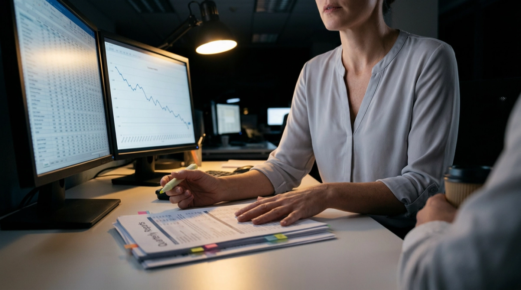 The image depicts a corporate finance office after hours, focusing on a woman whose identity is obscured. She is engaged in reviewing and annotating printed quarterly reports, with her hands actively gesturing while a highlighter pen is poised for use. Two computer monitors display complex data and a descending line graph, illuminating the scene with contrasting blue and warm light from a desk lamp.