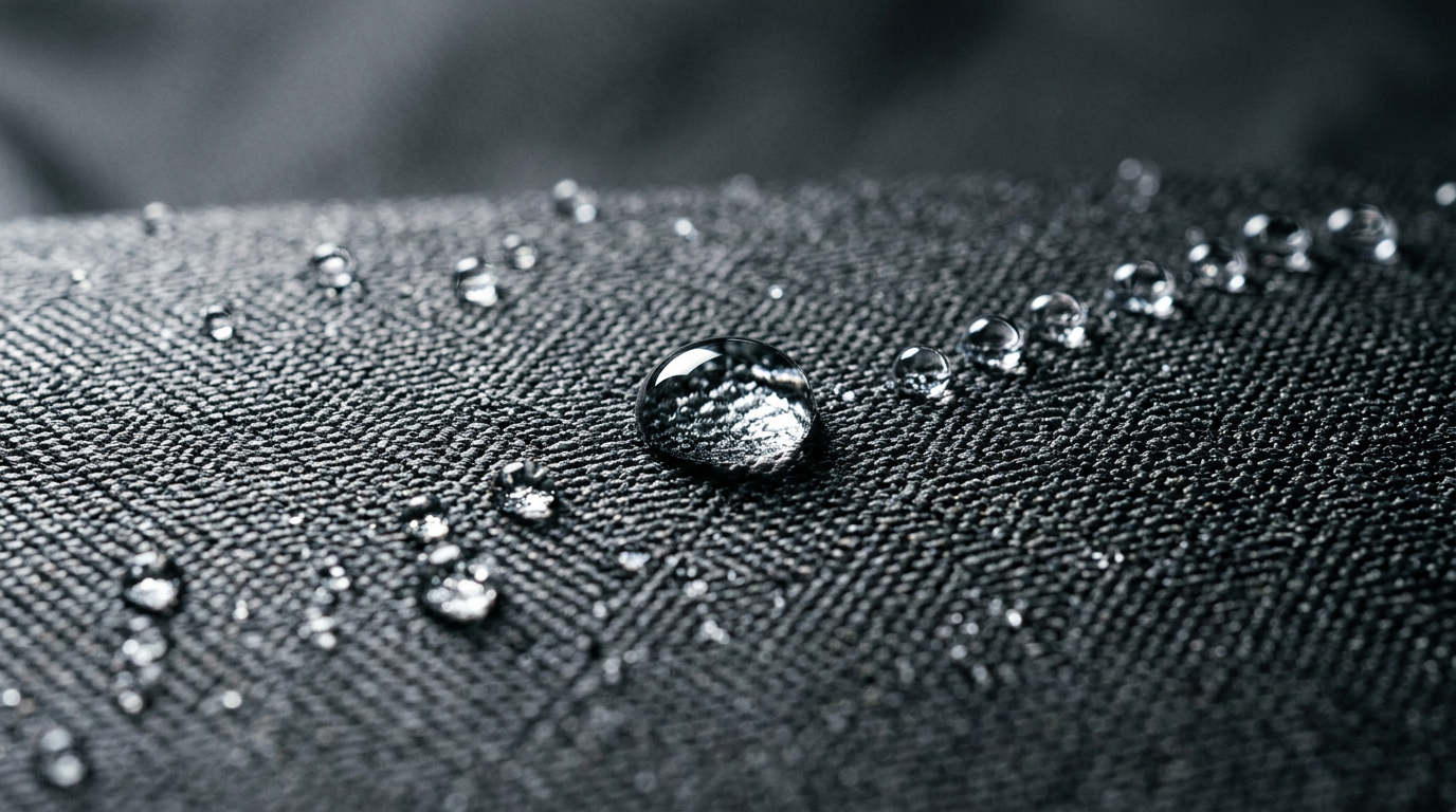 The image features a close-up view of water droplets resting on a textured black surface. The focus on the droplets showcases the surface's material and the formation of water beads.
