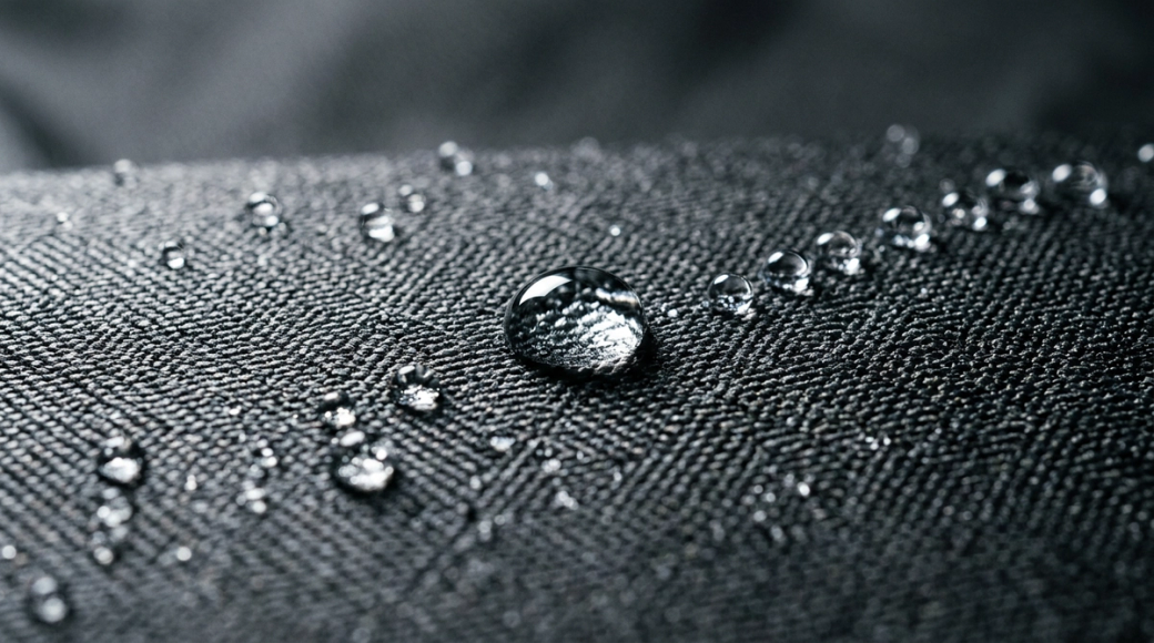 The image features a close-up view of water droplets resting on a textured black surface. The focus on the droplets showcases the surface's material and the formation of water beads.
