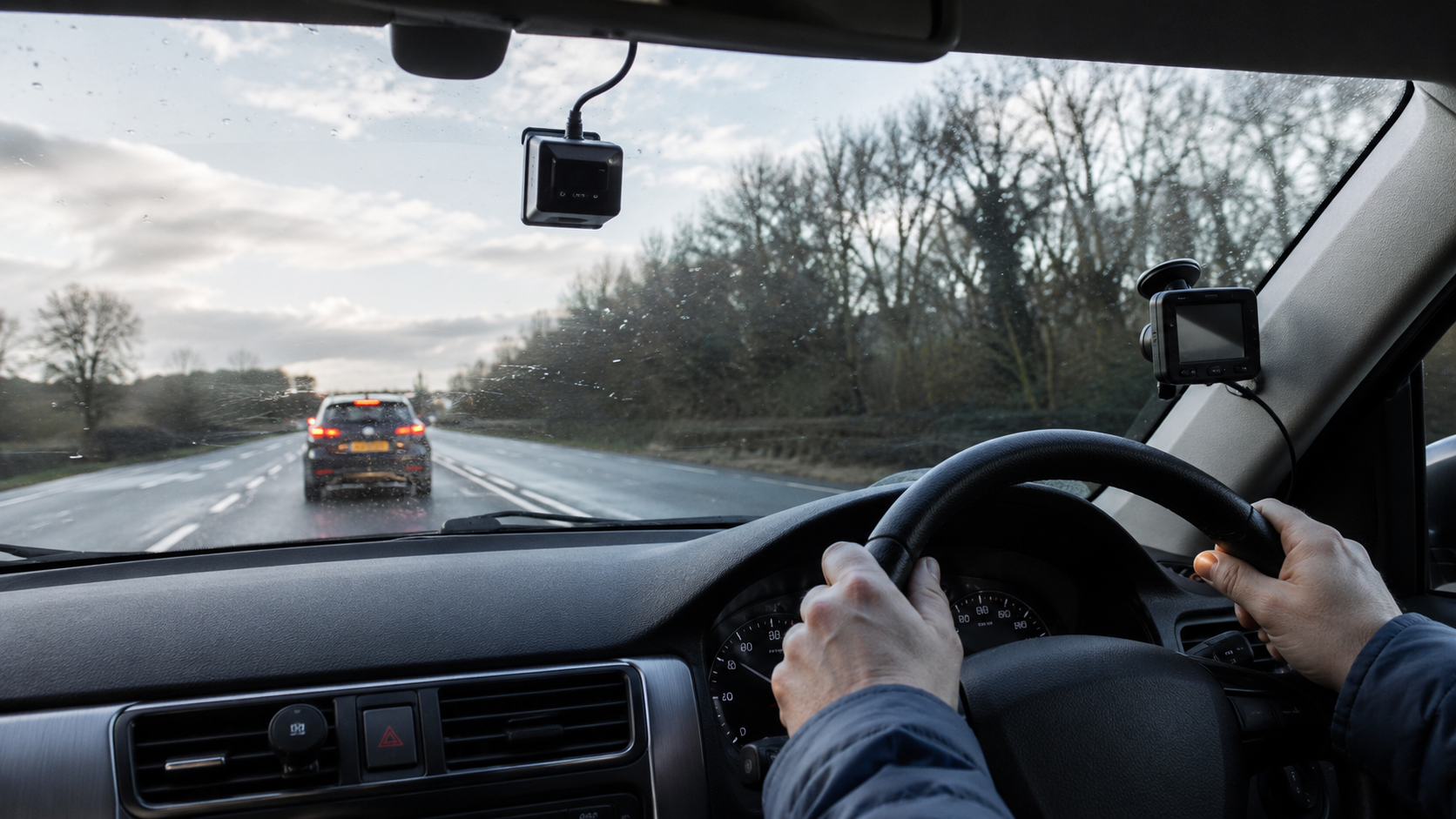 A driver is seen from inside a car, holding the steering wheel while navigating a wet road. In the background, another vehicle is visible on the same road, under a cloudy sky.
