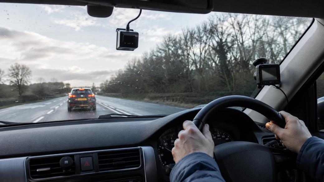 A driver is seen from inside a car, holding the steering wheel while navigating a wet road. In the background, another vehicle is visible on the same road, under a cloudy sky.