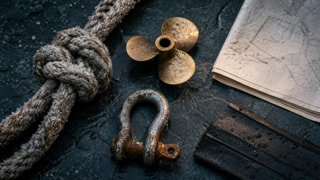 The image showcases a collection of nautical tools including a metal propeller, a shackle, a piece of rope, and a marine blueprint. The items are arranged on a dark, textured surface, hinting at a maritime or engineering setting.