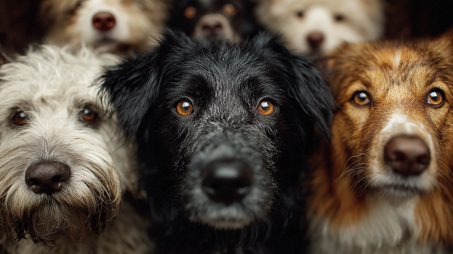 A close-up image of several dogs with varying fur colors and textures, all focused on the camera. Their expressions convey curiosity and attentiveness, creating an engaging and heartwarming scene.