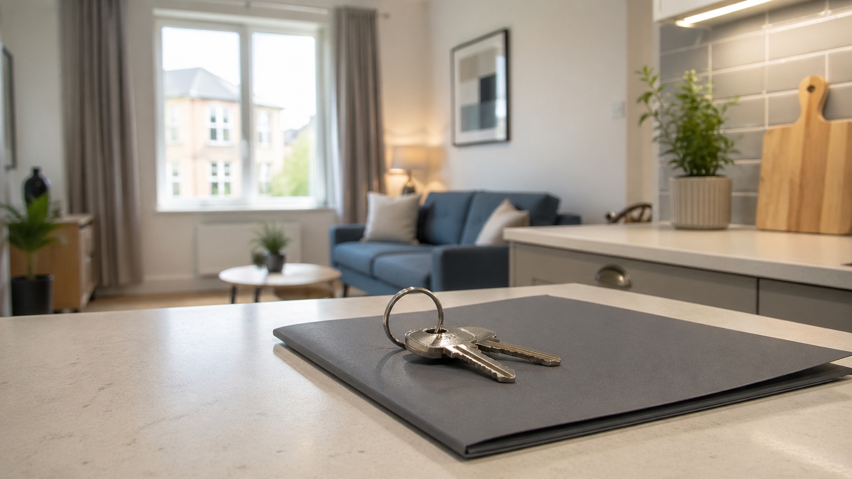 The image features a modern interior of a living room with a sofa and a small coffee table. In the foreground, a pair of keys rests on a dark folder on a kitchen counter, suggesting a home or property setting.