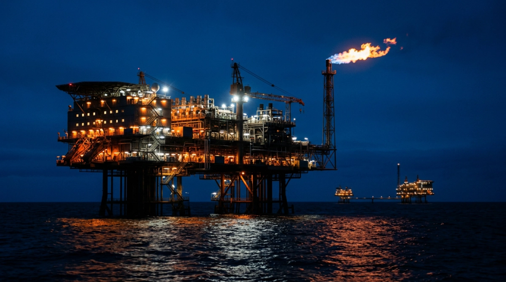 The image captures a large oil production platform illuminated against a deep cobalt sky during the blue hour. The platform is a silhouette of steelwork, featuring warm artificial lights from windows and cold white lights from floodlights, while a flare stack emits a bright flame, creating a striking contrast with the dark sea beneath.