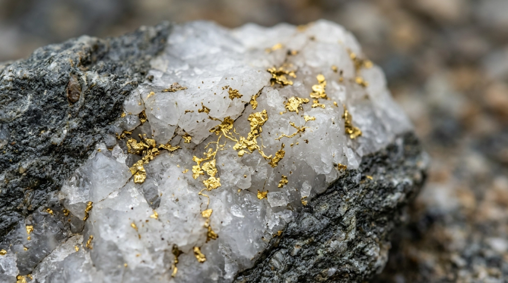 The image displays a close-up of a rock containing visible gold flecks embedded in quartz. The intricate textures and colors of the minerals highlight the natural beauty of the geological formation.