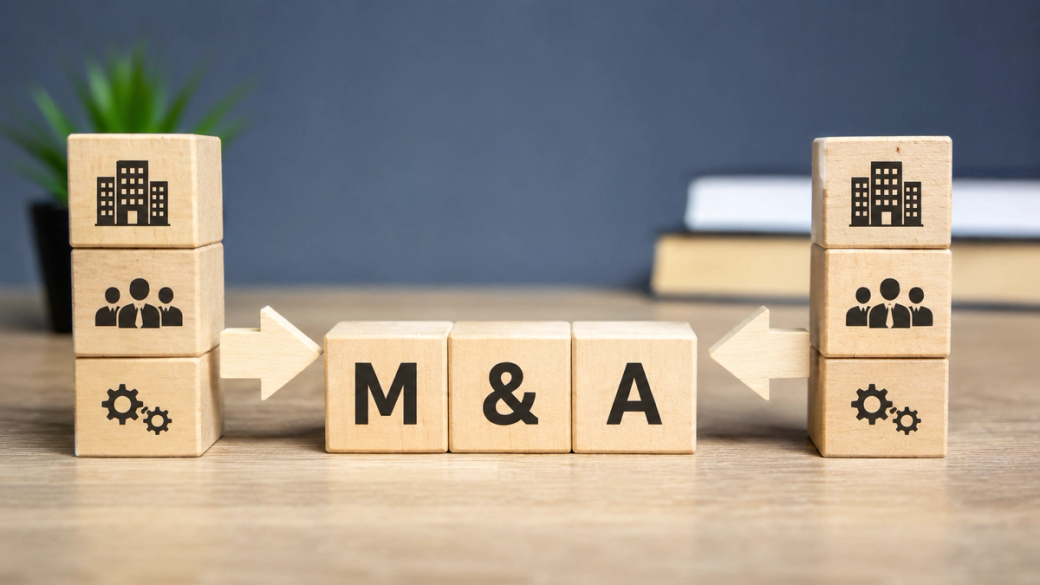 The image features wooden blocks arranged on a desk, prominently displaying the letters 'M & A' at the center, symbolizing mergers and acquisitions. Flanking the central blocks are icons representing companies and teamwork, underscoring the collaborative nature of business takeovers.