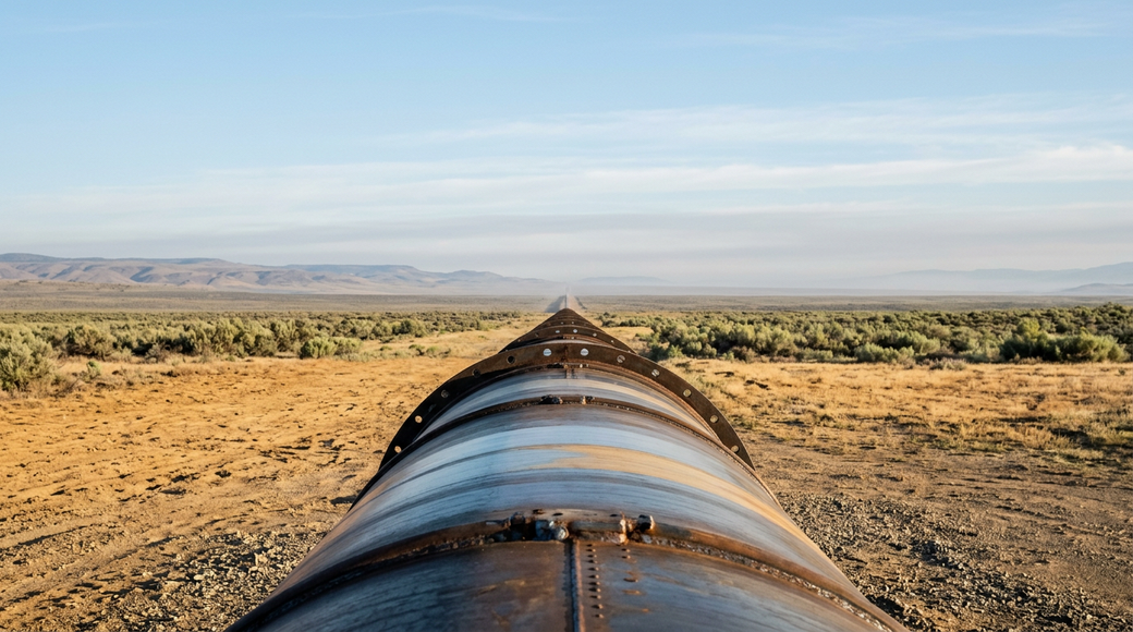 The image showcases a large steel pipeline stretching into the distance, captured from a ground-level perspective. The pipe reflects alternating bands of cool blue and warm ochre, contrasting with the sparse arid landscape of soft horizontal colors, suggesting themes of infrastructure and energy transport.