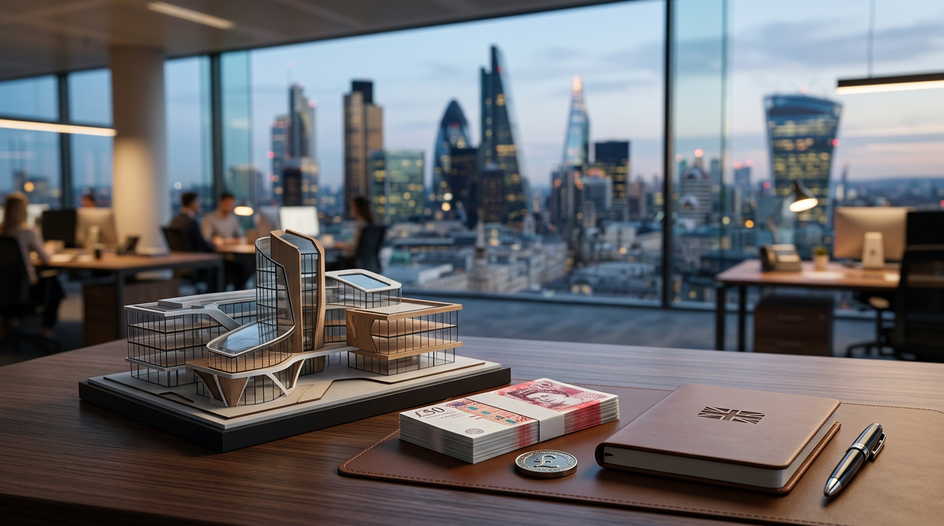 The image shows a modern office space with a view of a city skyline. In the foreground, there is a scale model of a contemporary building alongside stacks of money and a notebook, suggesting a focus on finance and architecture.