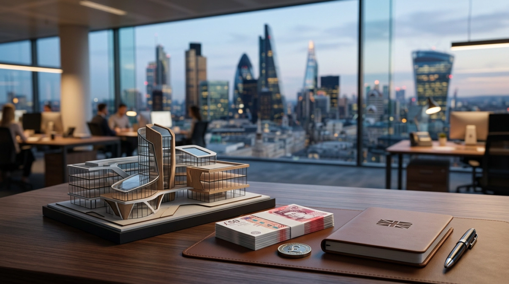The image shows a modern office space with a view of a city skyline. In the foreground, there is a scale model of a contemporary building alongside stacks of money and a notebook, suggesting a focus on finance and architecture.