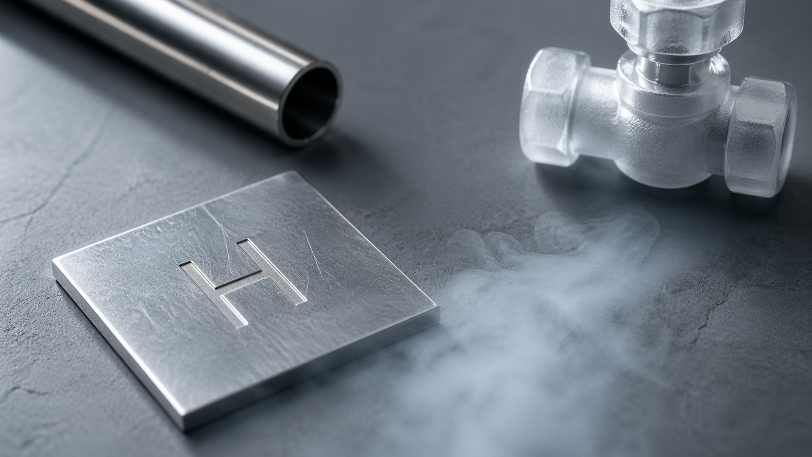 The image features a metallic surface with an engraved letter 'H', a transparent pipe fitting, and wisps of smoke emerging on the surface. This composition suggests a focus on industrial or gas-related themes, possibly indicating hydrogen.