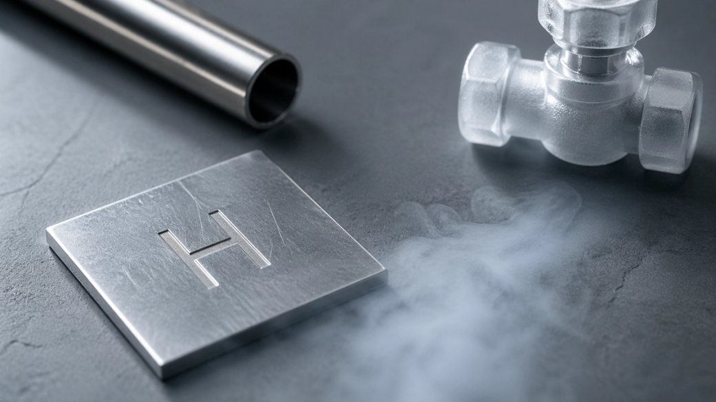 The image features a metallic surface with an engraved letter 'H', a transparent pipe fitting, and wisps of smoke emerging on the surface. This composition suggests a focus on industrial or gas-related themes, possibly indicating hydrogen.