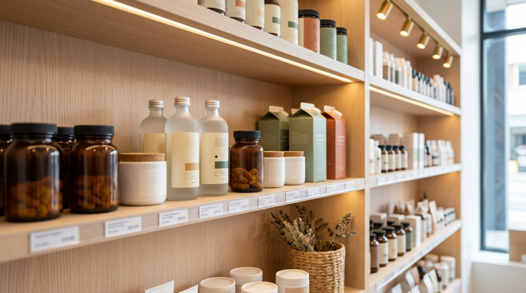 The image showcases a modern health and wellness retail space, featuring a meticulously organized shelf filled with various supplement and wellness products. The display includes amber glass jars, frosted glass bottles, and ceramic tubs, all arranged in disciplined rows against a backdrop of pale timber shelving, enhanced by warm lighting that highlights the clean and serene aesthetic of contemporary wellness retail.