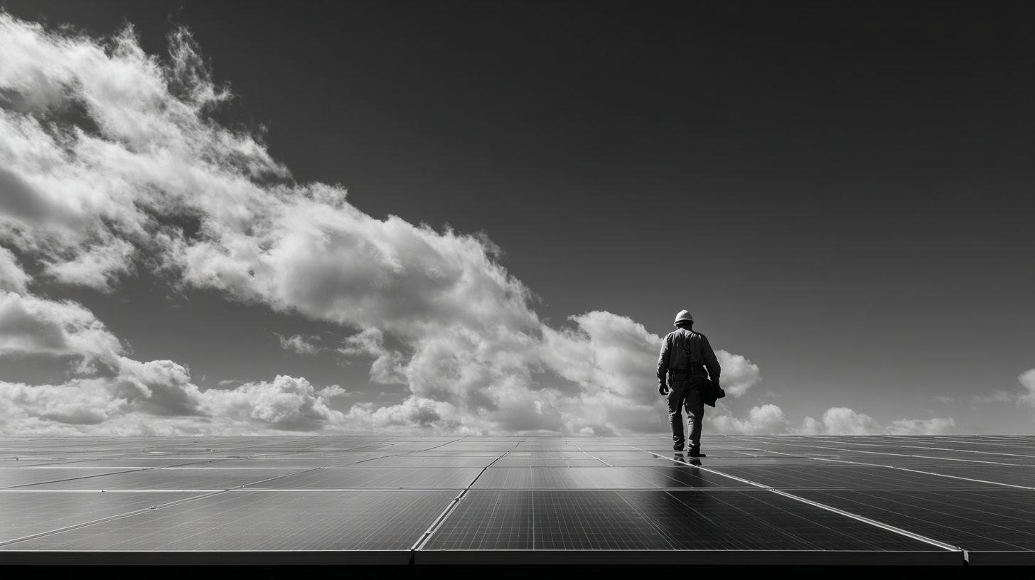A worker is seen walking on a vast expanse of solar panels under a cloudy sky. The monochromatic image highlights the contrast between the panels and the clouds, emphasizing the scale of the solar installation.
