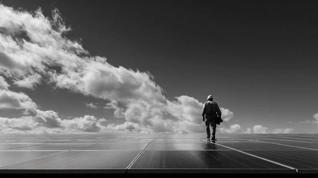 A worker is seen walking on a vast expanse of solar panels under a cloudy sky. The monochromatic image highlights the contrast between the panels and the clouds, emphasizing the scale of the solar installation.