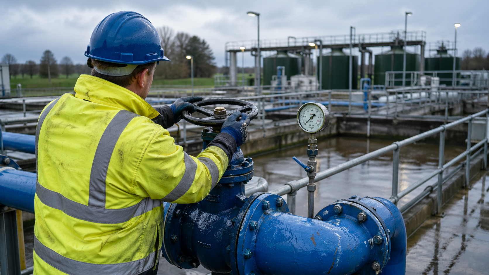 A worker in high-visibility clothing operates a valve at a water treatment facility. The scene captures the industrial environment, highlighting the machinery and infrastructure necessary for water management.