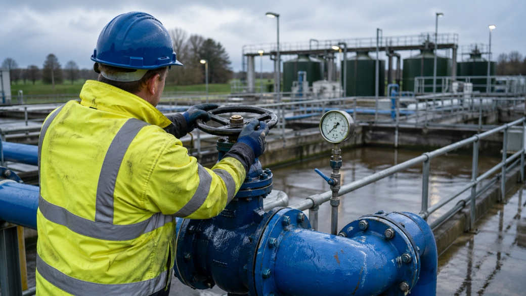 A worker in high-visibility clothing operates a valve at a water treatment facility. The scene captures the industrial environment, highlighting the machinery and infrastructure necessary for water management.