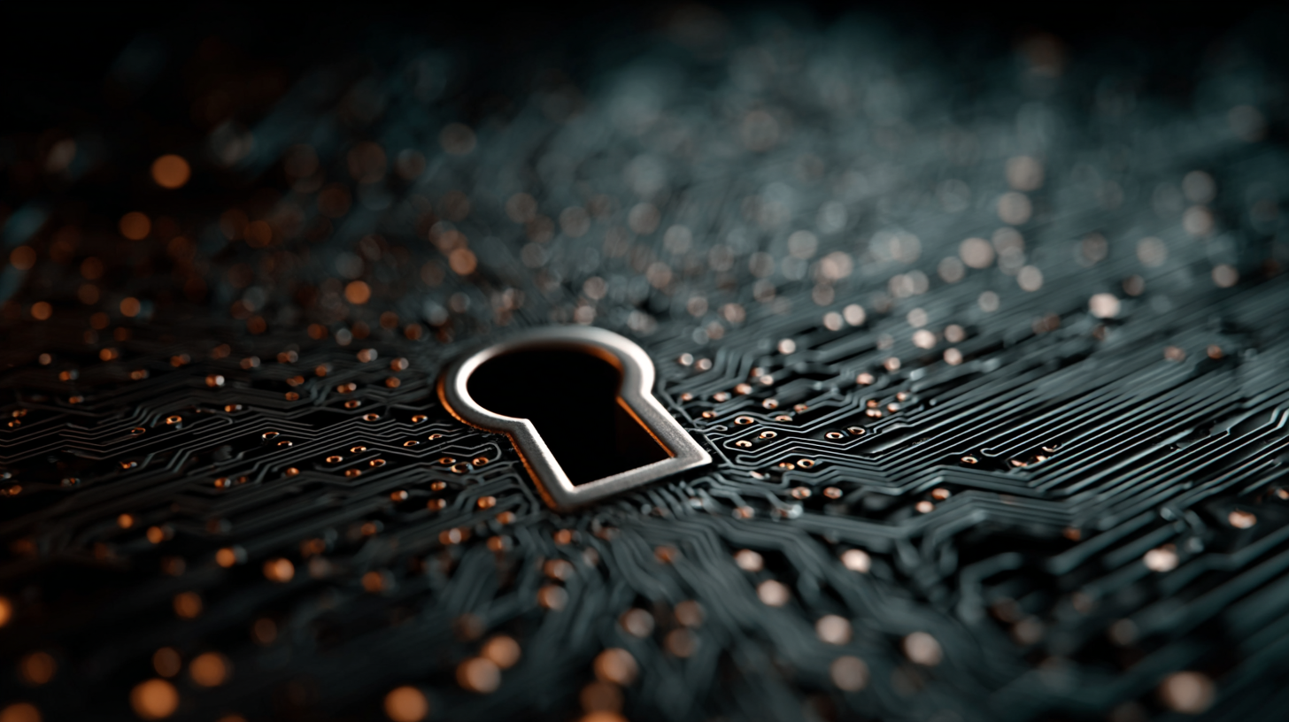 The image features a close-up view of a keyhole embedded in a textured surface resembling a circuit board. The intricate patterns of circuitry are visible, suggesting a theme of technology and security.