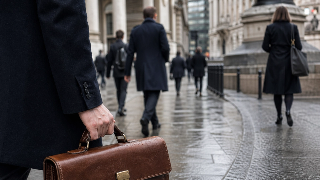 The image captures a bustling urban street scene with several business professionals walking, all dressed in formal attire, suggesting a corporate or financial environment. One individual in the foreground holds a brown briefcase, indicating a focus on business activities.