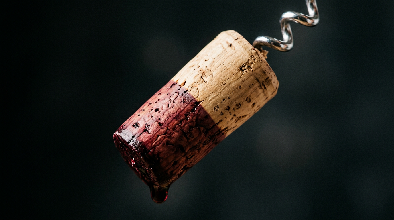 The image captures a macro view of a wine cork that has been freshly pulled from a bottle. The cork, stained dark red, showcases a precise boundary between the stained and clean sections, with a single droplet of wine poised to fall, highlighting the moment of anticipation and transition from aging to tasting.