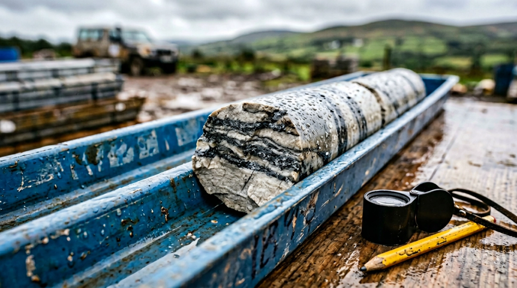 The image captures a close-up of a freshly split drill core section, showcasing dark grey sphalerite mineralization banded through pale limestone. The core is placed in a blue plastic tray on a wet field table, with rain droplets visible on the mineral surface, illuminated by soft, overcast Irish light.