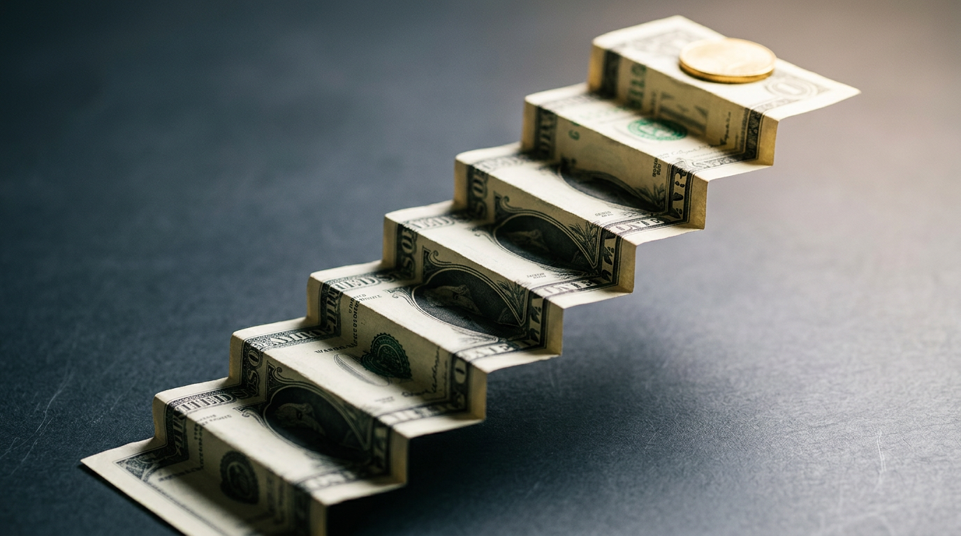 The image features US dollar bills meticulously folded into small steps, creating a staircase that ascends from the bottom-left to the upper-right of the frame. Light highlights the topmost step and a small gold coin resting on it, symbolizing progression and incremental returns in a clean and abstract composition.