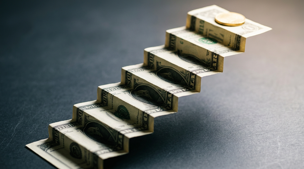 The image features US dollar bills meticulously folded into small steps, creating a staircase that ascends from the bottom-left to the upper-right of the frame. Light highlights the topmost step and a small gold coin resting on it, symbolizing progression and incremental returns in a clean and abstract composition.