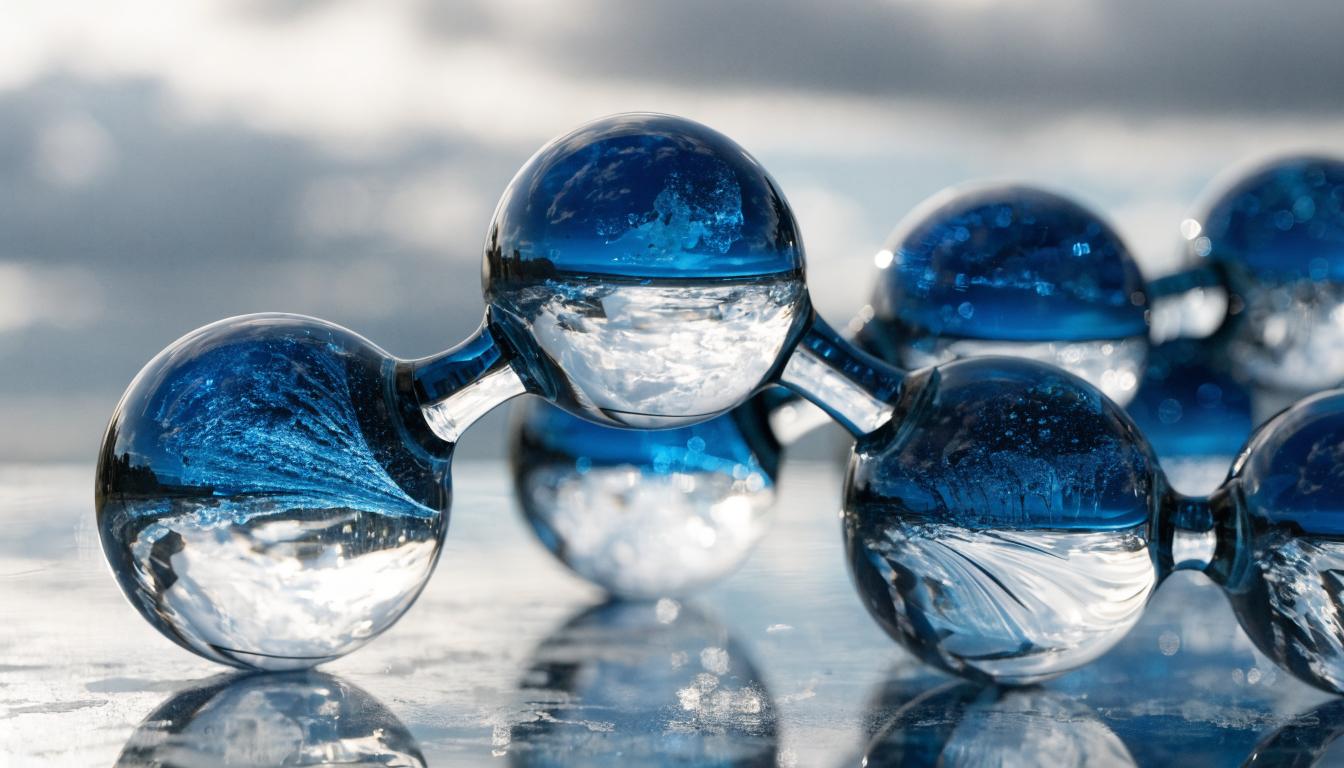 The image features a macro view of glass spheres with blue liquid inside, arranged in a molecular formation. The spheres reflect the surrounding clouds and light, creating a visually striking effect.