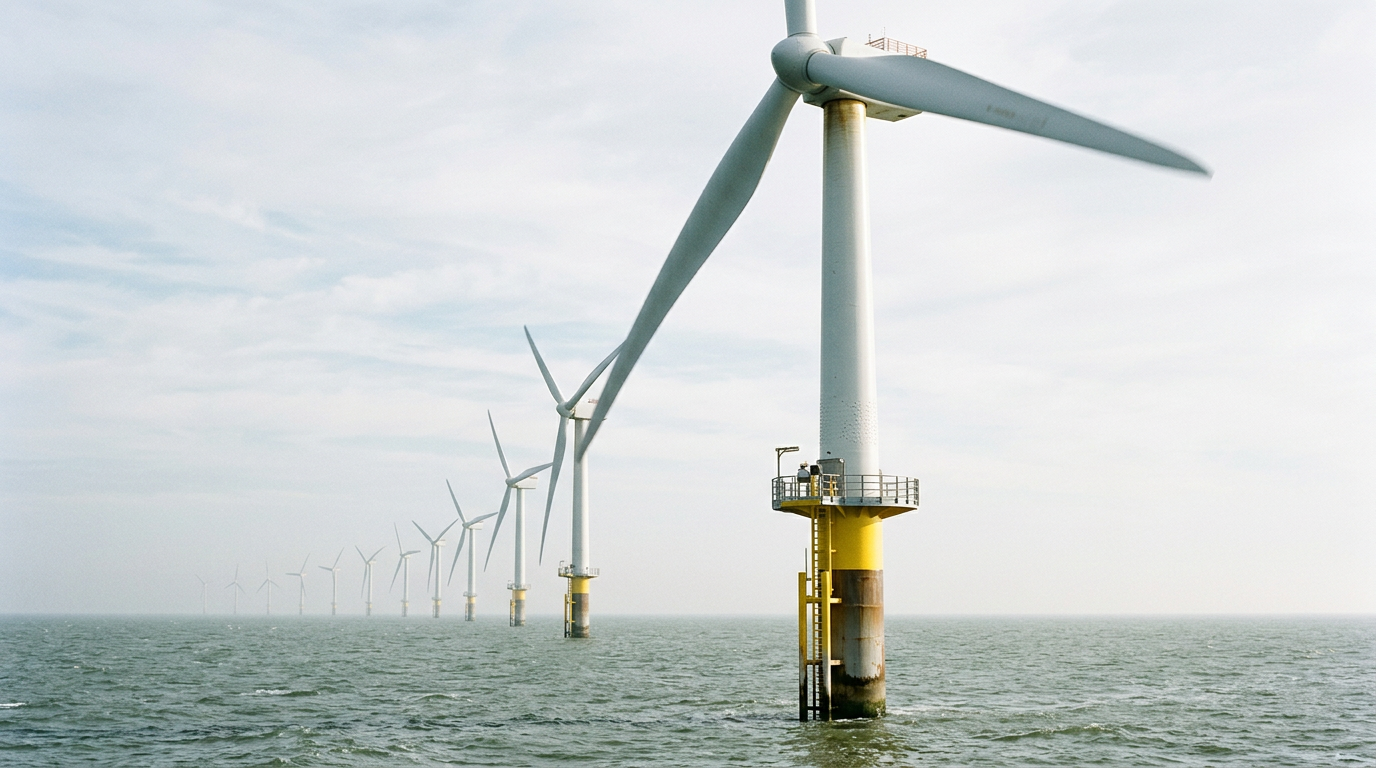 The image depicts a large-scale offshore wind farm with a prominent turbine in the foreground, featuring a monopile foundation rising above the grey-green sea. A series of turbines extends into the distance, creating a sense of depth as they fade into a soft atmospheric haze, all captured under cool marine daylight.