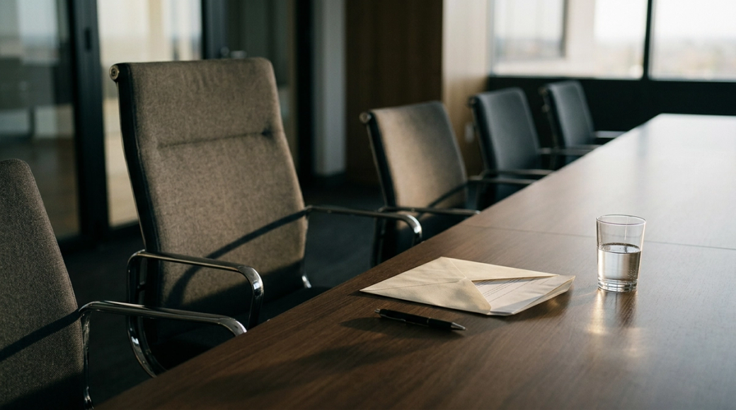 The image depicts a boardroom setting with a single chair pushed back from the table, indicating recent departure. A resignation letter in a cream envelope rests unsealed on the table alongside a pen and a half-drunk glass of water, suggesting a decisive decision has been made. The composition features late afternoon light casting long shadows, enhancing the atmosphere of transition.