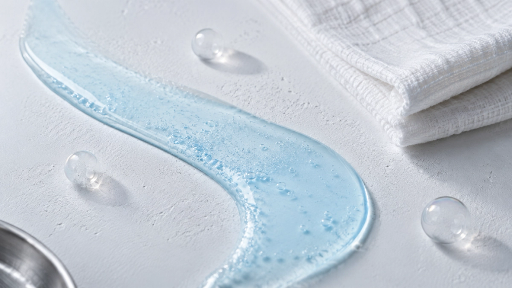 The image features a close-up of a slick, light blue gel spread across a textured white surface, accompanied by transparent bubbles and a folded kitchen towel. The composition suggests themes of cleanliness or skincare.