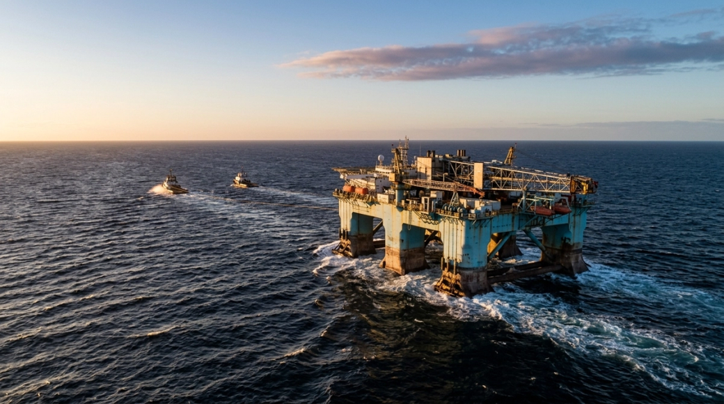 The image depicts a semi-submersible drilling rig being towed through moderate North Atlantic swells. The rig, with its pontoons half-submerged and derrick laid down for transit, creates a distinct silhouette against the backdrop of a deep blue ocean and amber sunlight. Two anchor-handling tugs are visible ahead, with taut towlines contrasting against the water's surface.