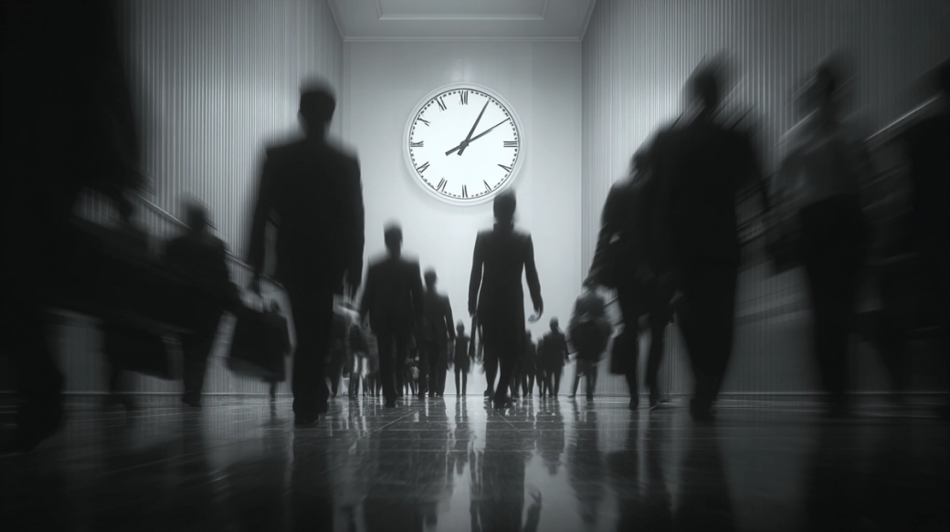 A group of silhouetted business professionals walking through a hallway with a large clock on the wall. The blurred motion gives a sense of urgency and movement, characteristic of a busy corporate environment.