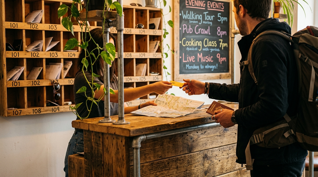 The image showcases a hostel reception desk made from reclaimed timber and steel pipe fittings. A receptionist hands a keycard and map to a traveler, who still has a backpack on and is reaching for the card. Behind the desk, a wall features wooden pigeonholes displaying room numbers, some with mail, and a chalkboard listing the evening's events in a cheerful, multilingual style.