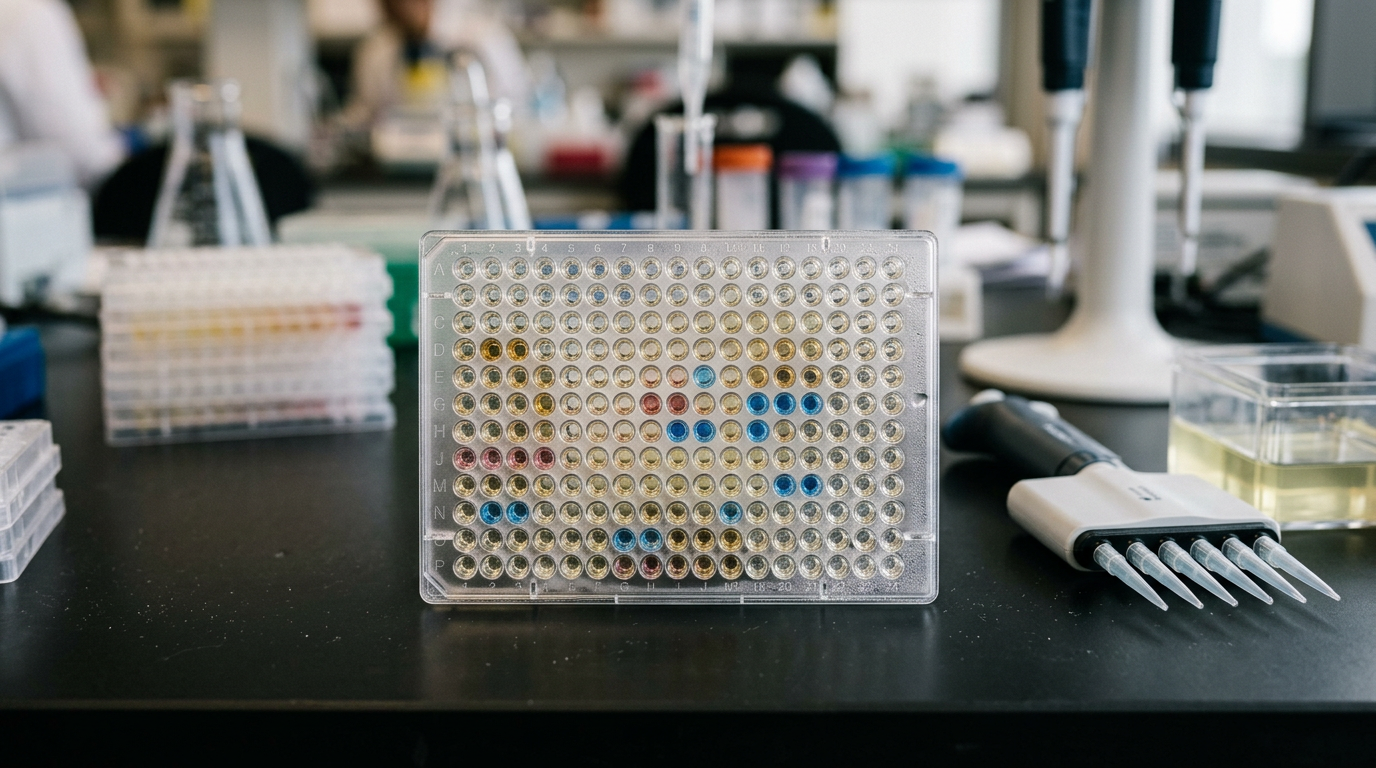 The image showcases a close-up of a 384-well microplate placed on a matte black laboratory bench, each well containing varying volumes of colorful liquids, indicative of a screening assay. Beside the plate, a multichannel pipette lies horizontally, and a faint blur in the background suggests additional plates stacked in a rack, emphasizing the laboratory setting.