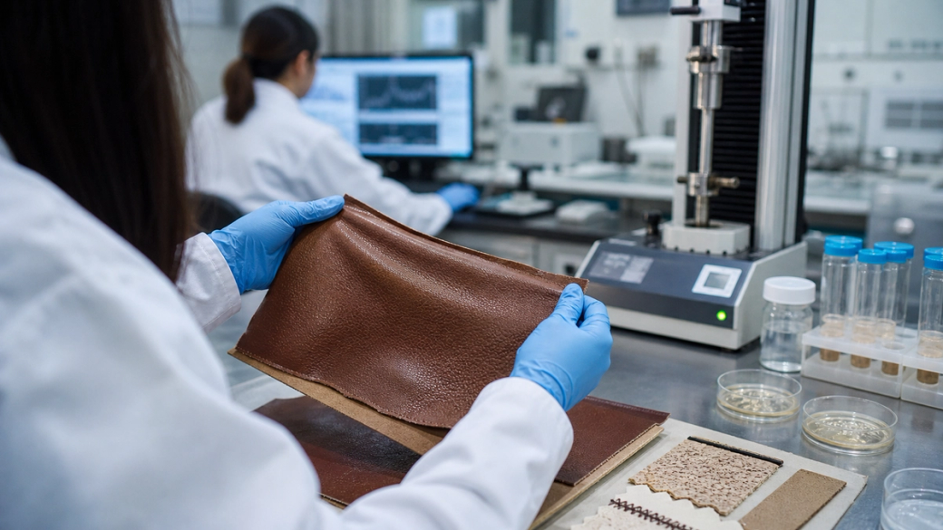 A laboratory technician is examining a sheet of brown leather material in a research facility. Another researcher can be seen in the background working at a computer station, analyzing data.