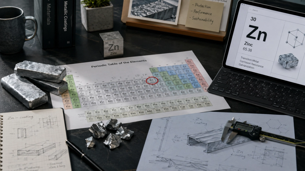 The image showcases a workspace with materials related to the chemical element Zinc, including a periodic table, technical drawings, and samples of Zinc in metallic form. A laptop is present, displaying information about Zinc's properties.