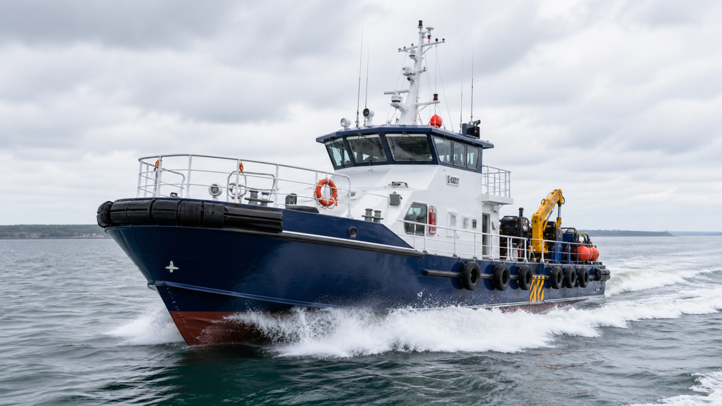 A blue and white vessel is seen navigating through calm waters, leaving a wake behind. The boat is equipped with various tools and safety equipment, indicating its operational use on water.