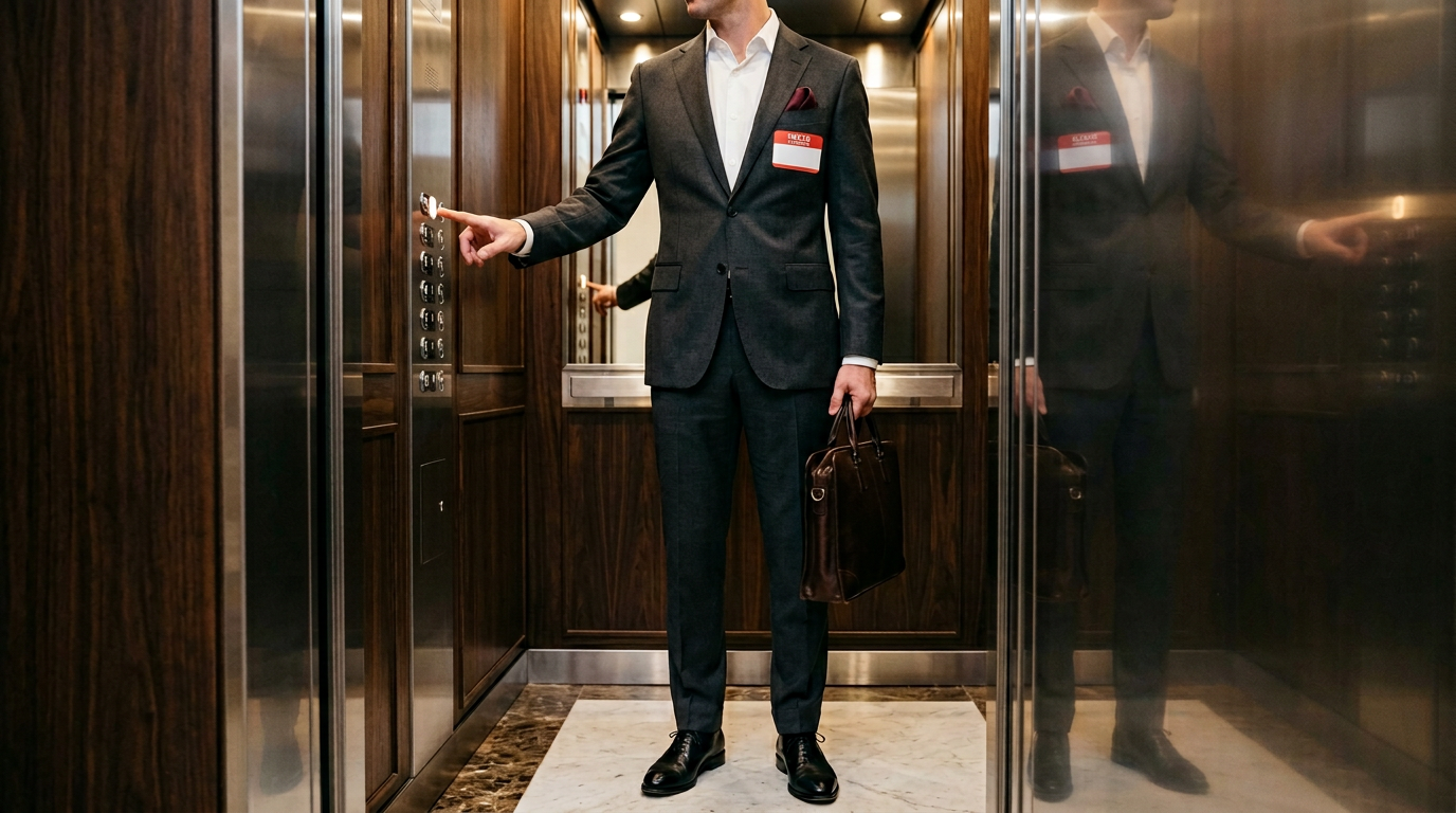A man dressed in a tailored dark charcoal suit stands in a private lift, preparing to reach the executive level by pressing the illuminated top-floor button. The polished steel and dark wood interior of the lift reflects his figure and the striking contrast of a blank 'HELLO, MY NAME IS' sticker on his lapel hints at a new beginning in a formal corporate environment.