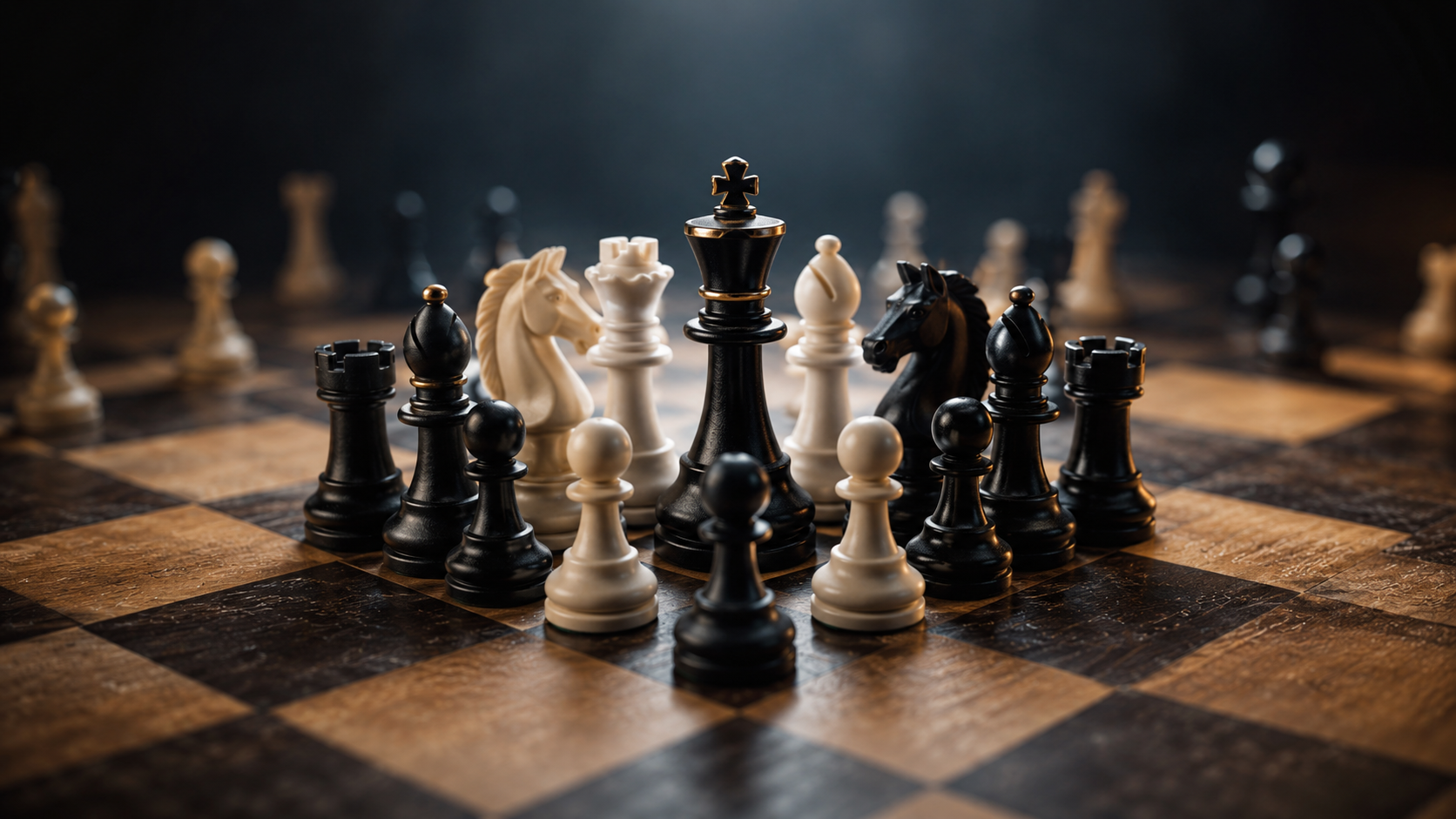 A strategically positioned chessboard featuring an ongoing chess game with black and white pieces. The focus is on the king piece at the center, surrounded by various other chess pieces, highlighting the tactical depth of the game.